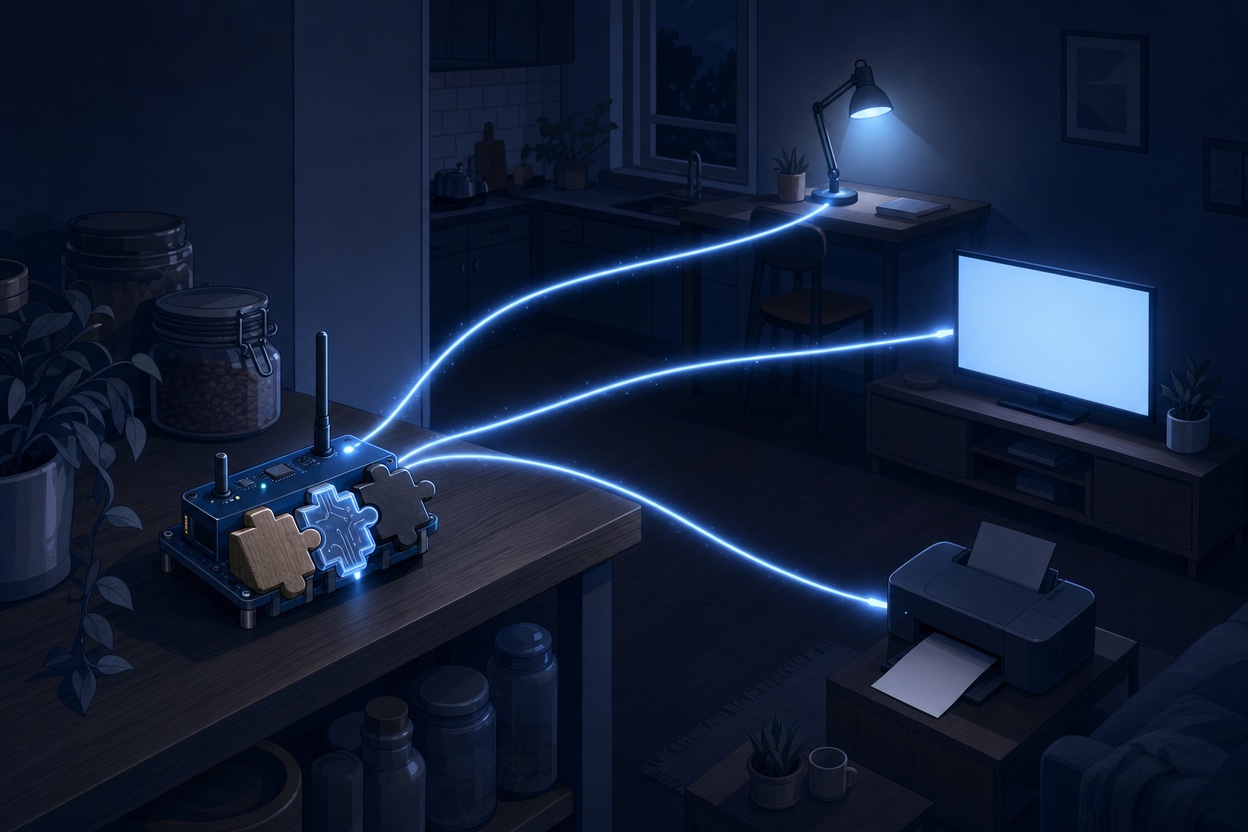 A homemade circuit board on a kitchen shelf sends glowing lines to a desk lamp, a TV and a printer, switching each one on.